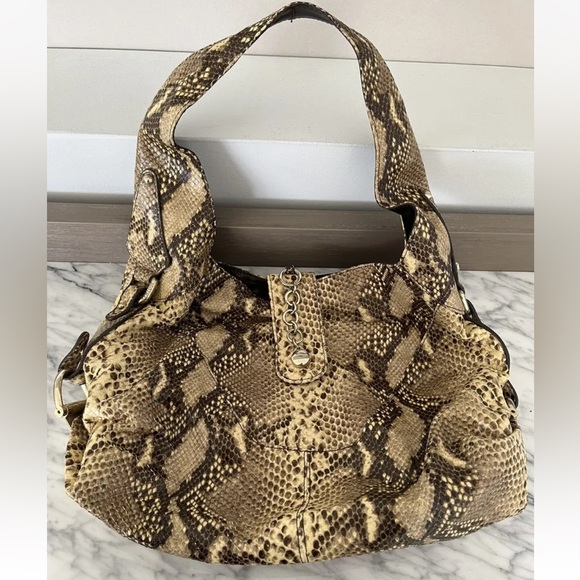 Stuart Weitzman Snake Reptile Leather Purse Hobo Shoulder Slouch Bag Brown Cream - Picture 1 of 8